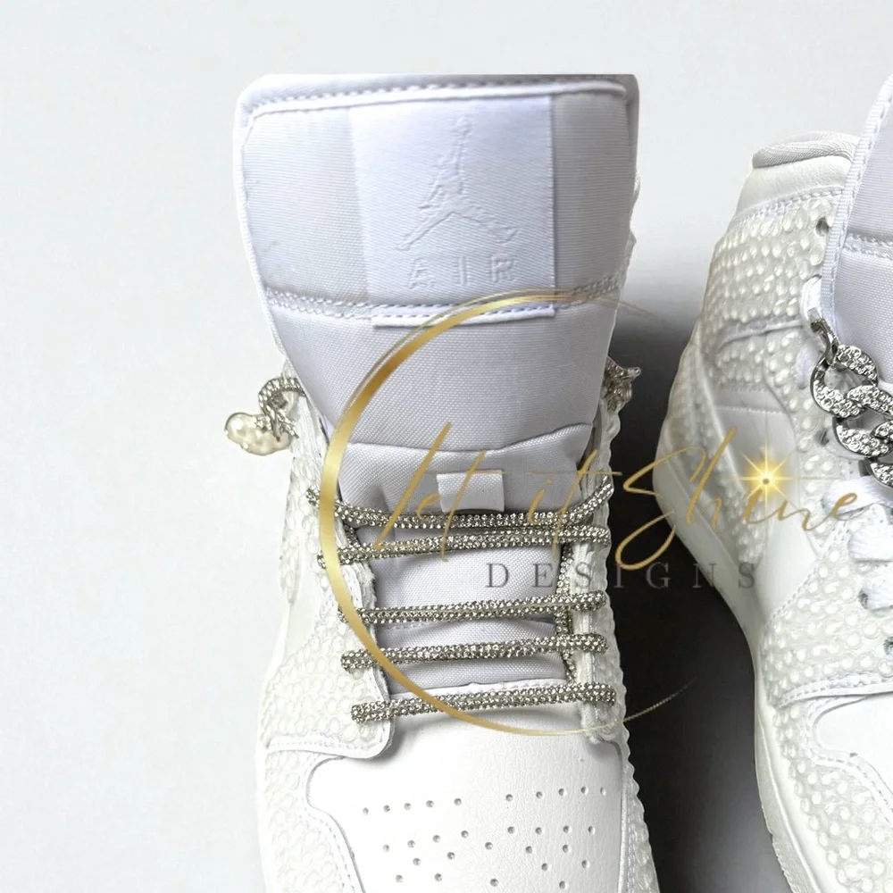 White Bling Wedding Jordan 1 Mid Custom Rhinestone Sneakers - Picture 3 of 12